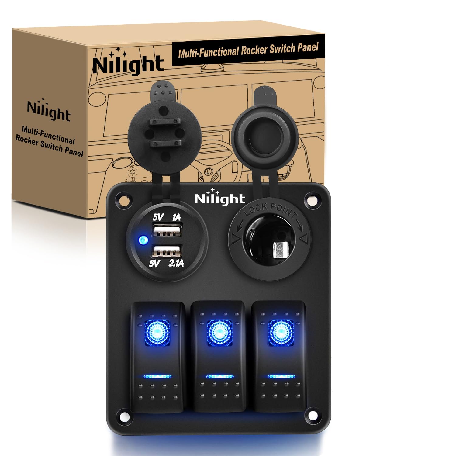Nilight - 90115C 3 Gang Rocker Switch Panel Waterproof Pre-Wired Aluminum Switch Panel With Dual Usb Charger Socket & Cigarette