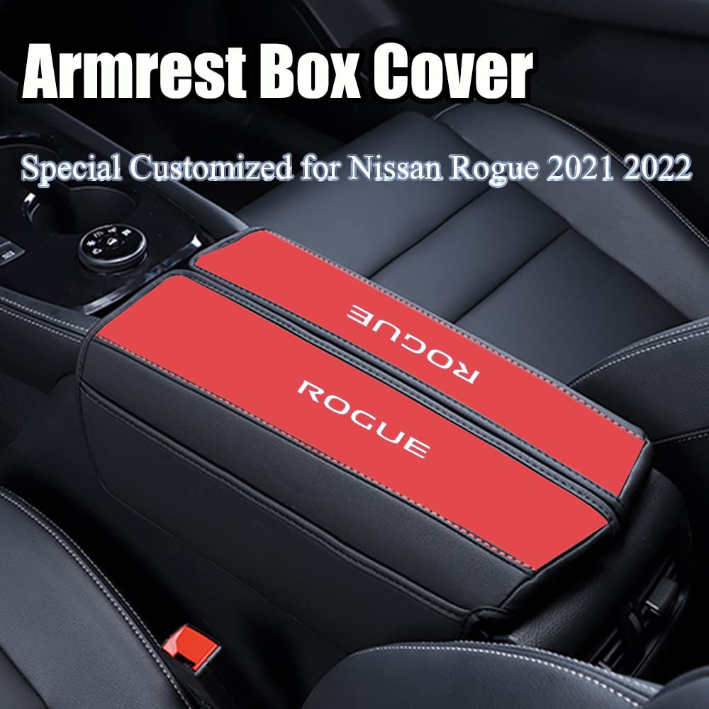 Xiter 1Pc Leather Center Console Armrest Cover With Side Pockets For Nissan Rogue 2021 2022 2023 2024 2025 Accessories(Black+Red