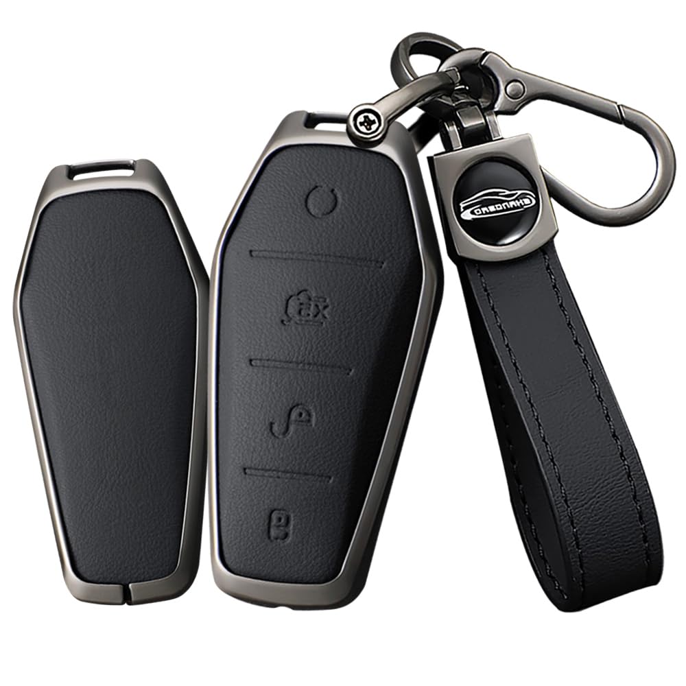 Tecart Metal Key Fob Cover With Keychain Fit For Byd Han Ev Tang Dm 4 Button Leather Car Key Case Protector Key Cover Black