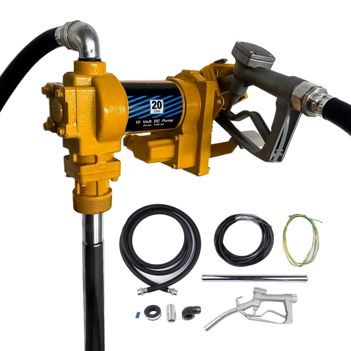 Weonefit 20GPM 12V Yellow Fuel Transfer Pump 50amp Fuse with Discharge Hose & Manual Nozzle for Transfer of Gasoline, Diesel, Ke