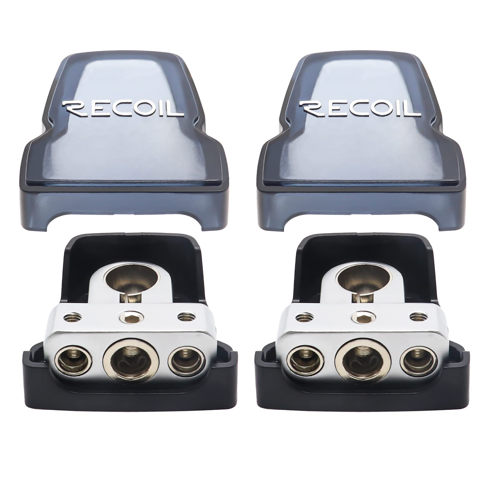 Recoil Pbt-S04 2 Pack Premium Solid Brass Positive Negative Battery Terminals Clamps With Two 0/2/4 Gauge Outputs And One 4/8 Ga