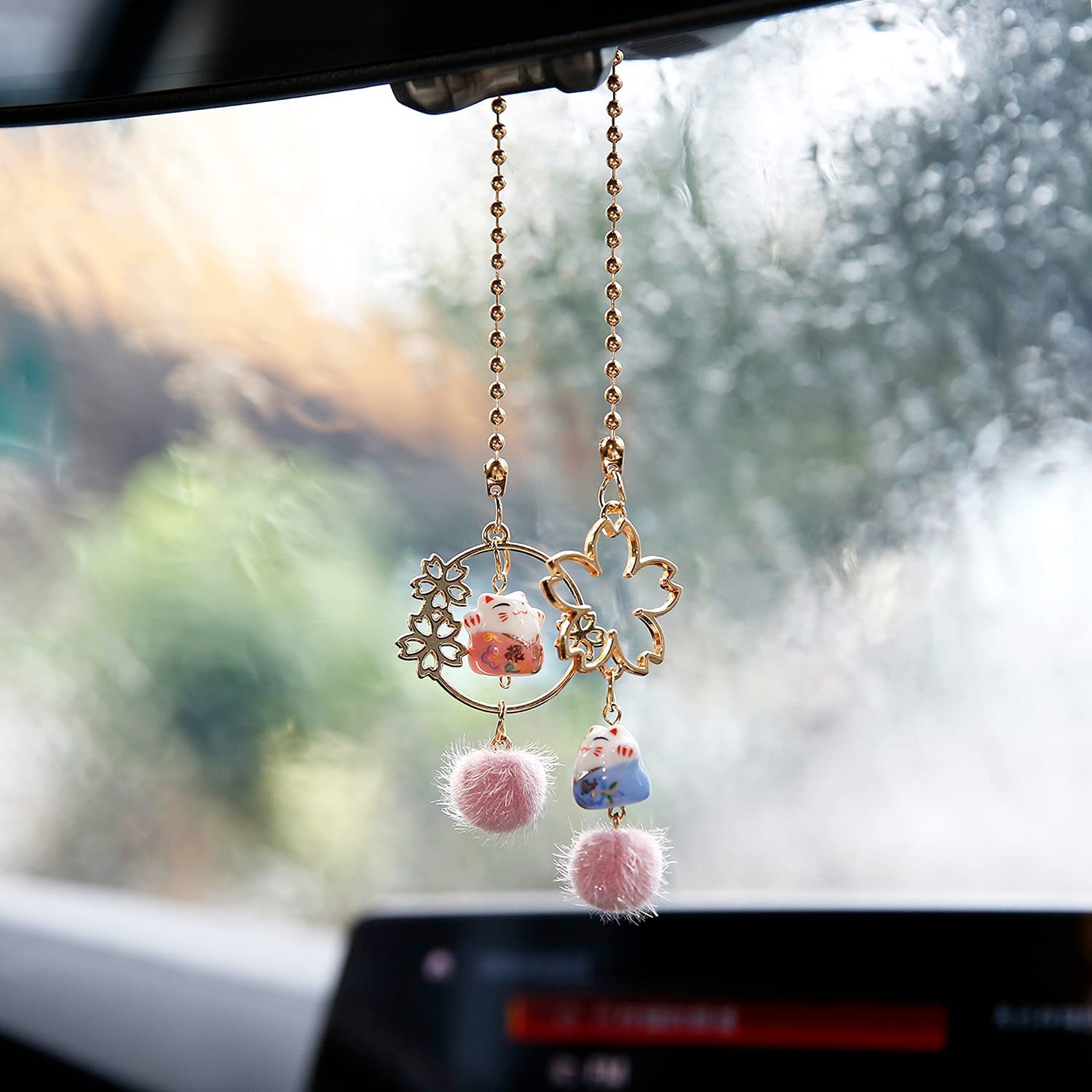 Ygmoner Pair Of Lucky Cat Car Interior Mirror Hanging Accessories Car Decor Mini Porcelain Maneki Neko Dangle Charm (Sakura Luck