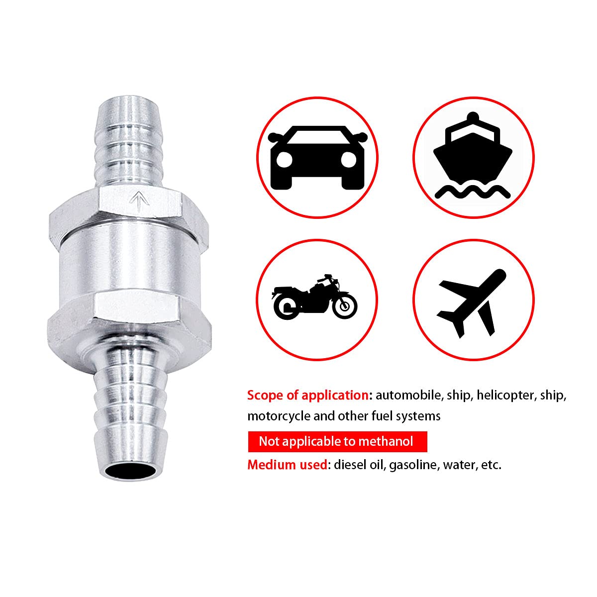 mxuteuk 2Pcs 3/8'' 10mm Aluminium Silver Non Return One Way Check Valve with 4Pcs 6-12mm Universal Adjustable Hose Clamps for Fu