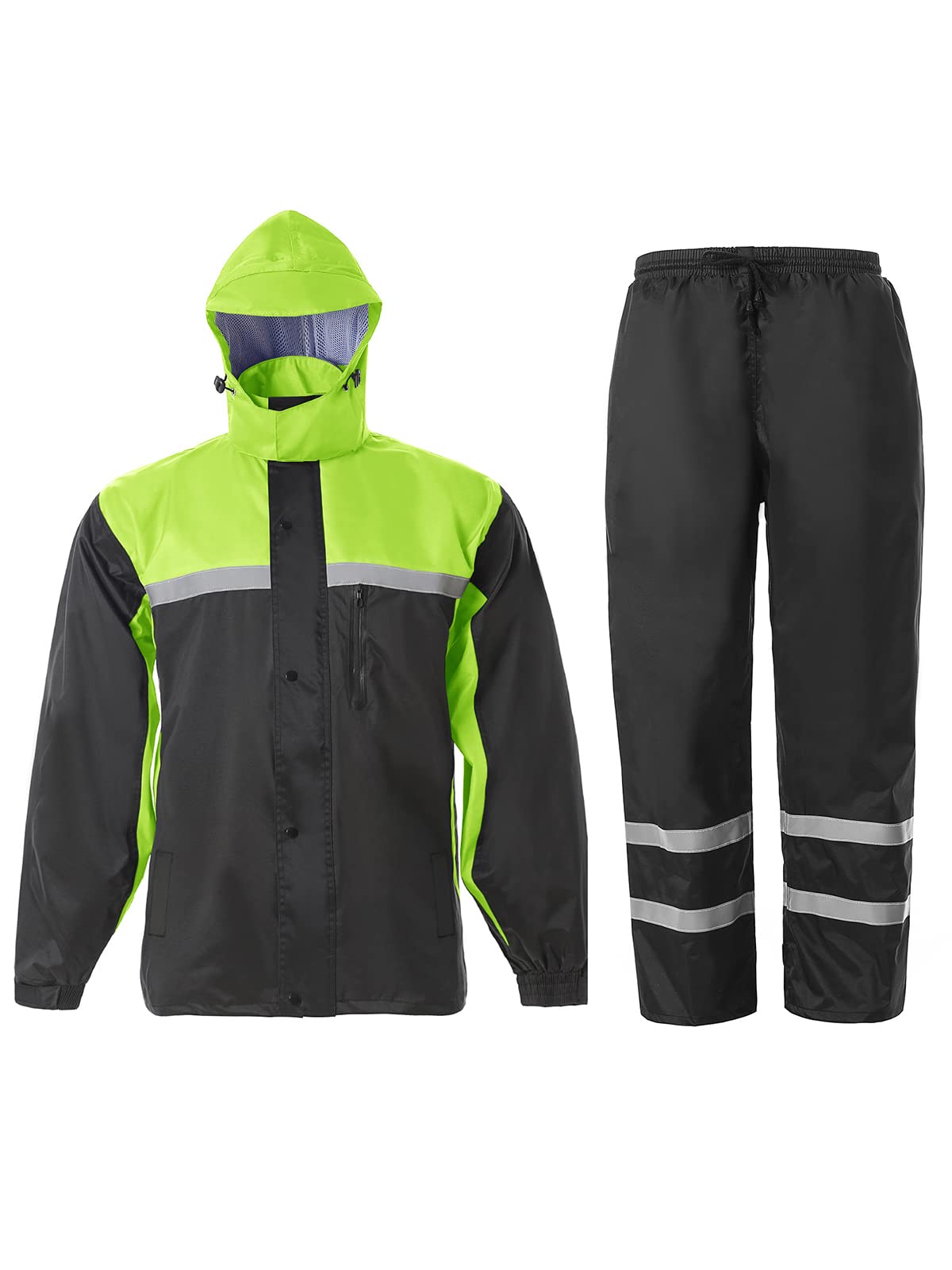 Saphirose Men'S Rain Suit High Visibility Reflective Work Rain Jacket Pants For All Sport Farm Fishing Motorcycle (Black/Green,Large)