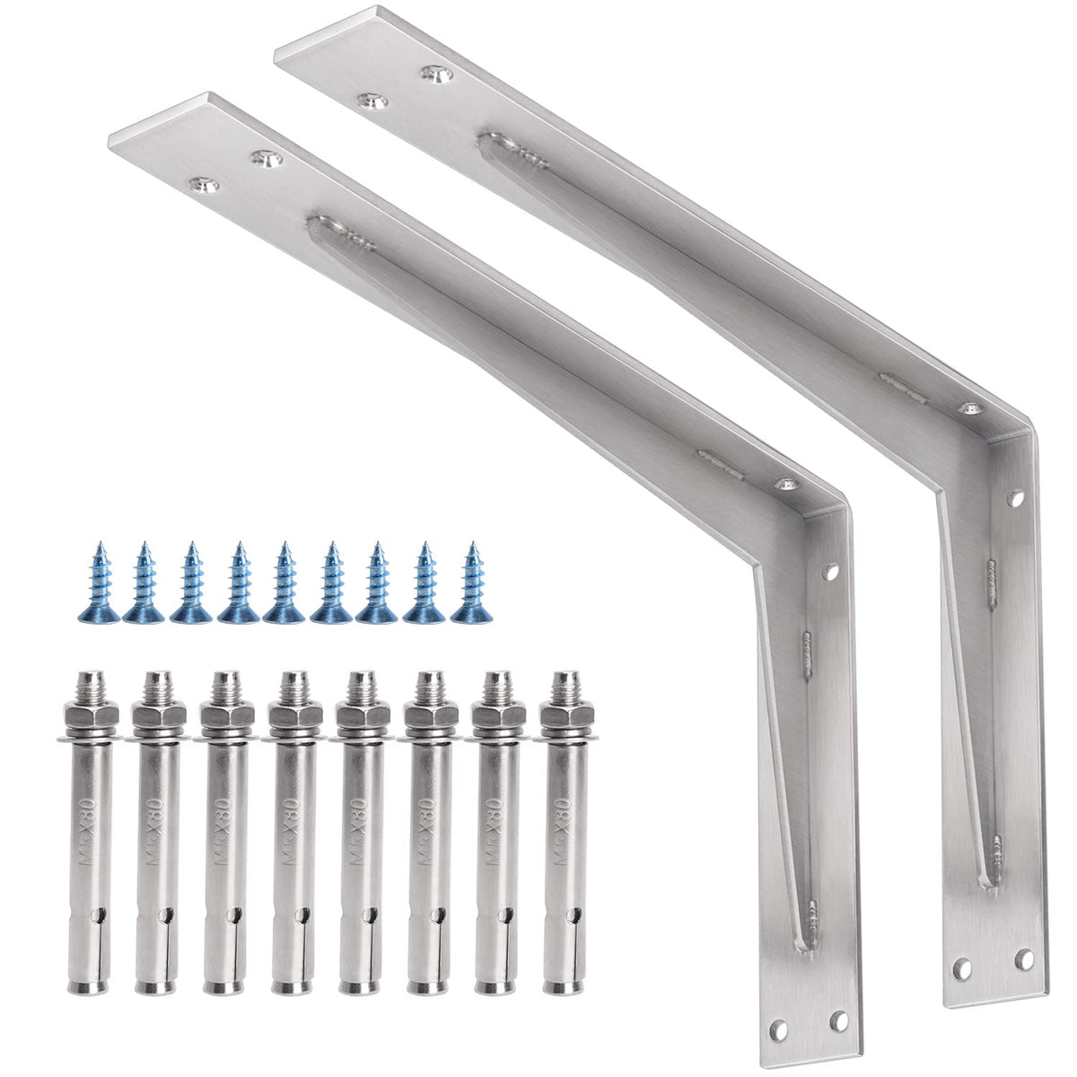 Yumore Shelf Bracket Heavy Duty 16X10X2 In, 1/5In Extra Thick Solid L Brackets Stainless Steel Countertop Bar Top Support Brackets Wall Mounted, Includes Hardware, 2 Pack