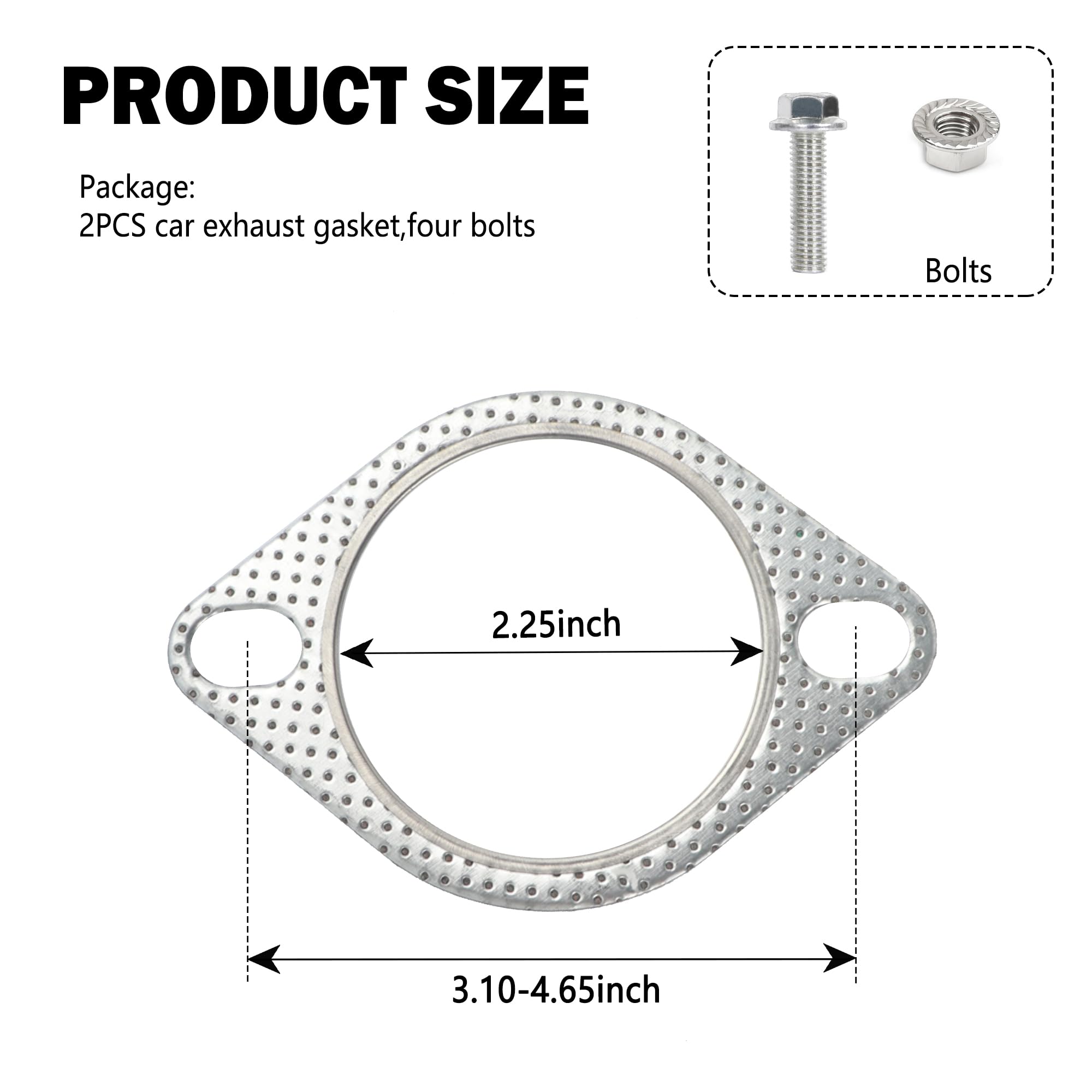 2PCS 2.25'' Car Exhaust Manifold Gasket with 4 Exhaust Bolts,Exhaust Gasket Keeps The Pipe Joints Stable,Universal Car Parts Car