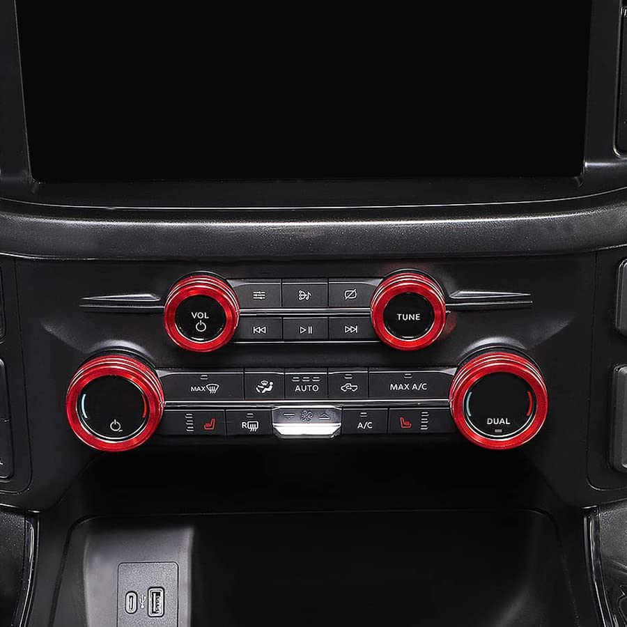 Keptrim For Ford F150 2021 2022 2023 Knob Air Conditioner Switch & Trailer & 4Wd & Vol & Headlight Button Ring Trim, Red Aluminum, 7Pcs