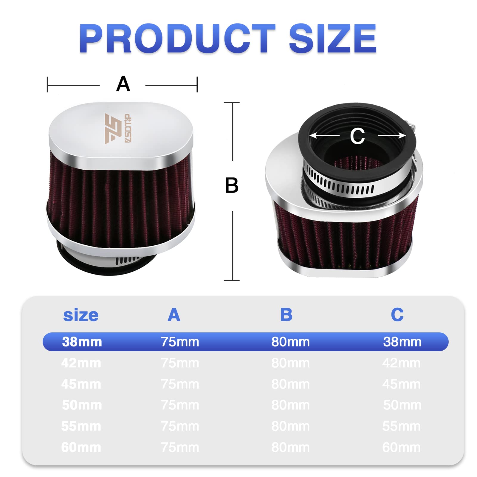 2Pcs Motorcycle Air Filter Universal 38Mm Replacement Engine Filter Dirt Bike High Performance Air Filters Fit Motocross Carburetor Cleaner For Pit Bike Scooter Moped Yamaha Honda Suzuki Kawasaki Atv