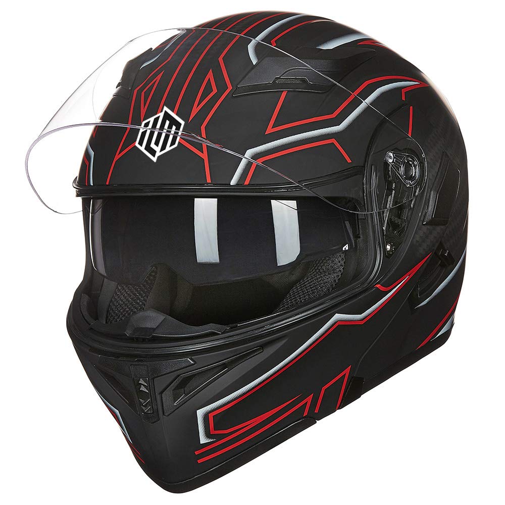 Ilm Motorcycle Dual Visor Flip Up Modular Full Face Helmet Dot 6 Colors Model 902 (M, Black Red)