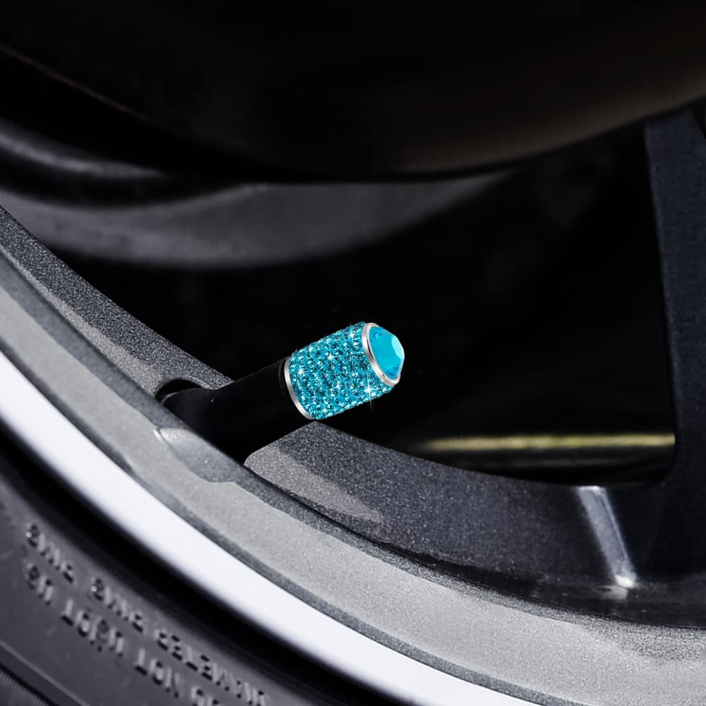 Bling Tire Stem Valve Caps, Crystal Tire Caps Shinny Rhinestone Universal Car Dustproof Tire Valve Caps For Car Suv Motorcycle Bicycle Truck (Sky Blue)