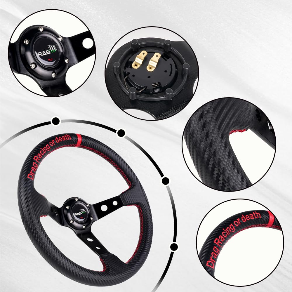 RASTP Deep Dish Steering Wheel,PU Carbon Fiber Racing Steering Wheel,350mm 6 bolt Steering Wheel(Universal)