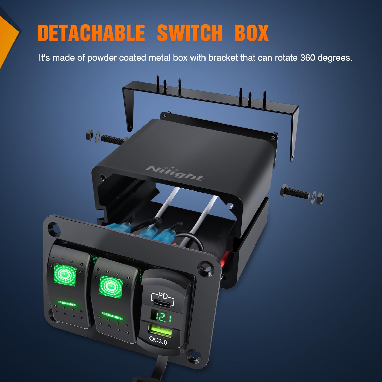 Nilight 2 Gang Rocker Switch Box 12V Spst On Off Toggle Switches Pd Type C And Qc 3.0 Usb Charger Voltmeter Led Light Waterproof