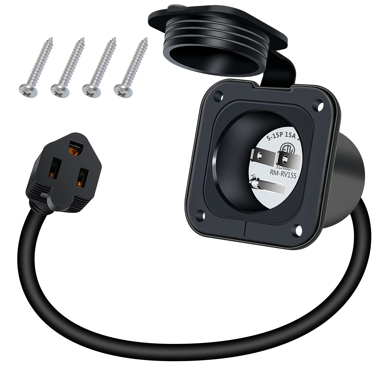 15 Amp Shore Power Inlet, EilxMag 125V Flanged Inlet Power Inlet Port Plug NEMA 5-15P RV Electrical Outlet with Integrated 18'' 