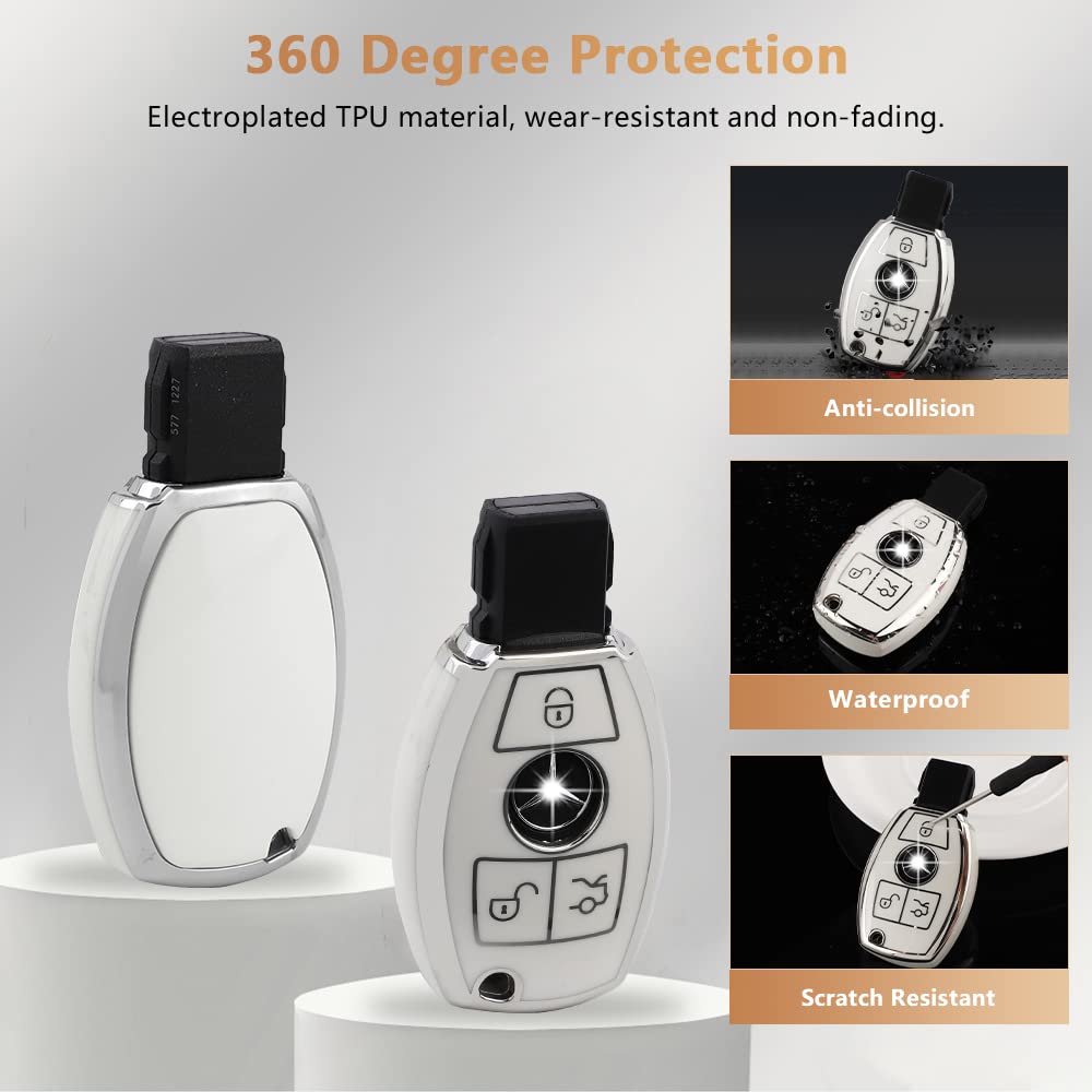 Pifoog For Mercedes Key Fob Cover 3 Buttons Soft Tpu Keys Protector Bling Keychain For Mercedes Benz C E M S Cls Cla Glk Gla Glc Gle Amg Class Girly Cute White Silver