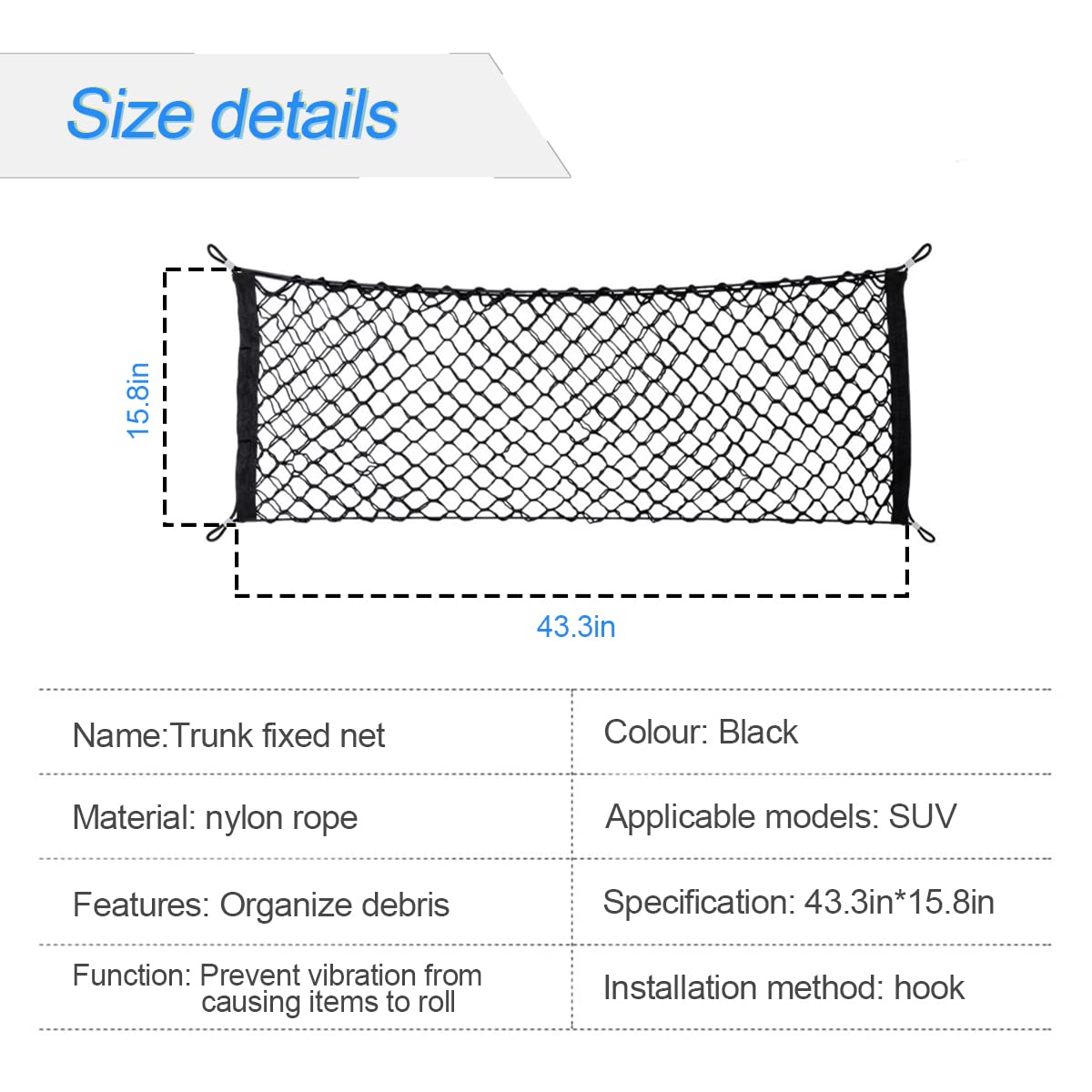 Car Rear Cargo Net, Adjustable Elastic Storage Organizer Net, Trunk Cargo Storage Net, Universal Fit For Car, Vehicle, Suv (43.3
