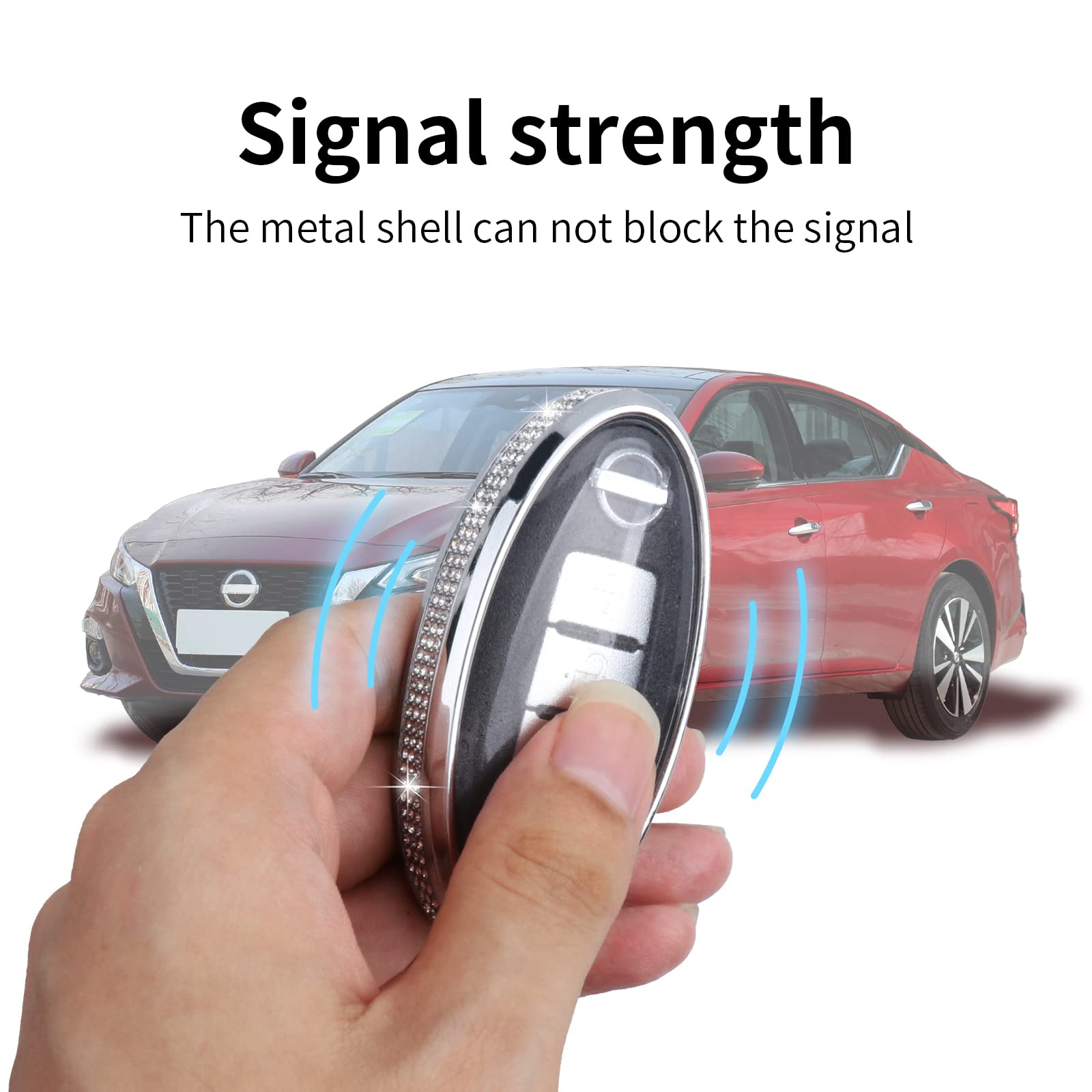 Ruabiban For Nissan Key Fob Cover With Keychain, Pink Leather Crystal Key Case Protection Shell Compatible With Nissa 5 Buttons