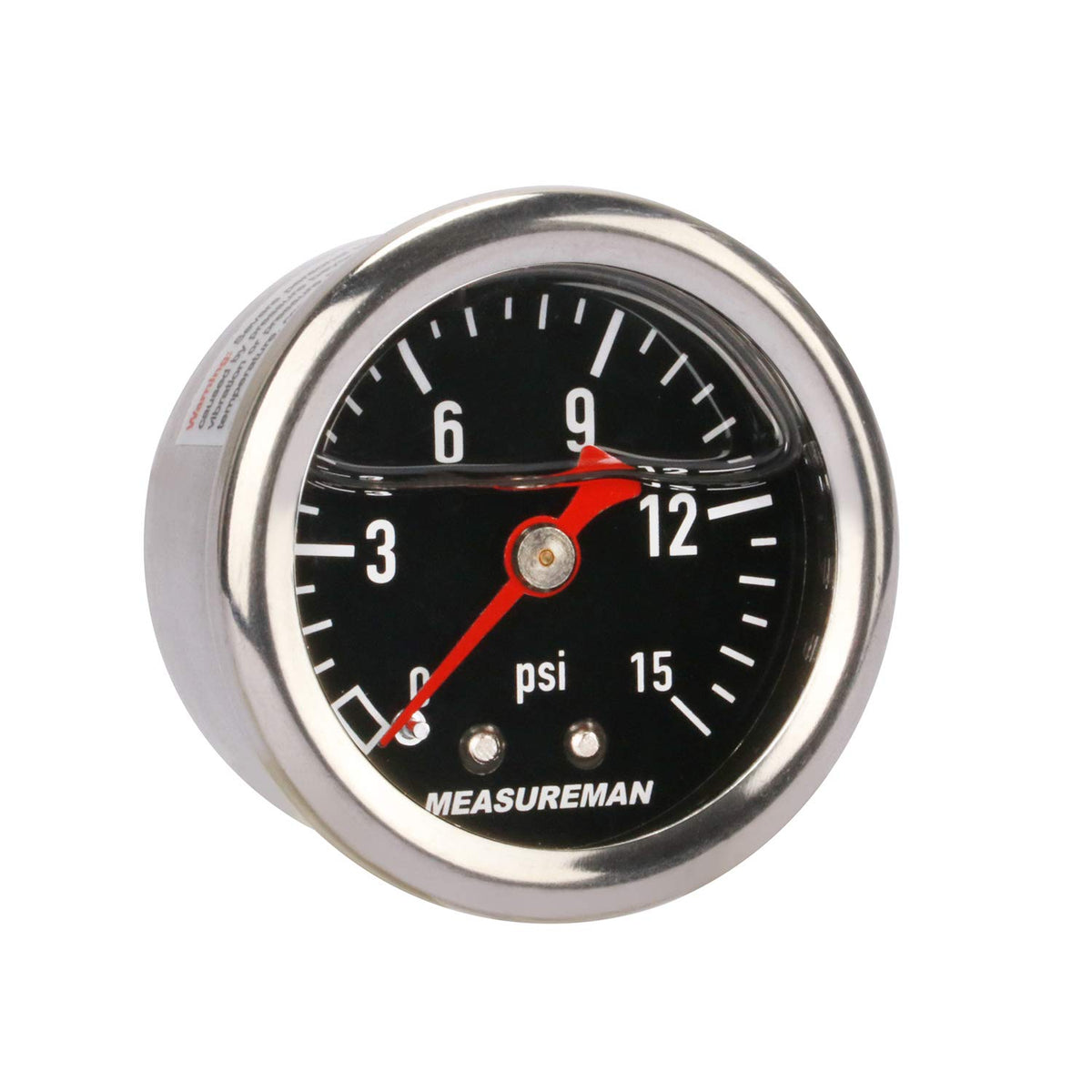 MEASUREMAN 1.5'' Black Dial, 304 Stainless Steel case, Liquid Filled Fuel Pressure Gauge, 0-15Psi, 3-2-3%, 1/8'' NPT Center Back