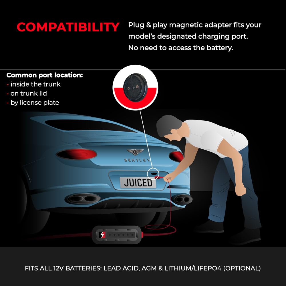 Jmr Battery Charger For Bentley Continental Gt Bentayga Flying Spur Mulsanne Trickle Charger Conditioner Maintainer (Magnetic Port, Add Lithium Mode)