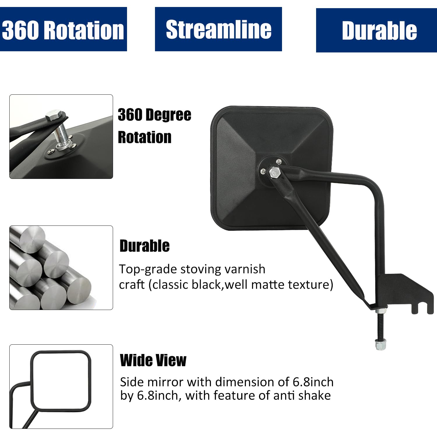 SUNPIE Doors off Mirrors for Jeep Wrangler JK - Side Mirror for Wrangler JK JKU 2/4 Doors 2007-2018, Doorless Side View Mirror f