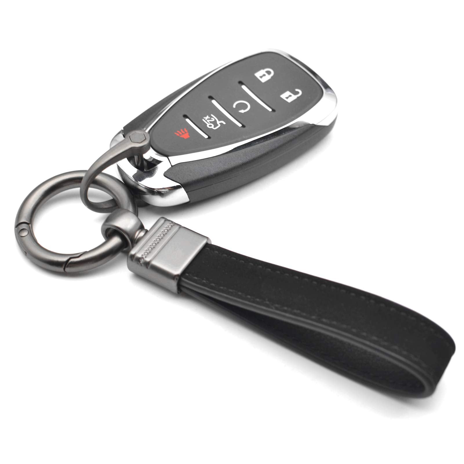 Car Fob Key Chain Genuine Leather Keychains Holder For Men And Women, 360 Degree Rotatable, With Anti-Lost D-Ring, Circle Carabiner And Key Rings, Black