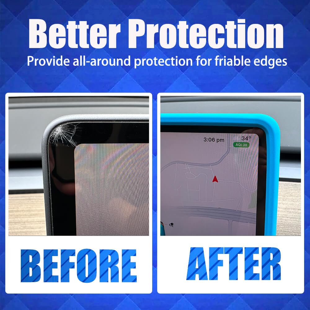 Yeapop 2Pcs Silicone Protector Frames of Screen and Rear View Mirror for Tesla Model 3 2017-2023 and Model Y 2019-Feb.2025. (Blu