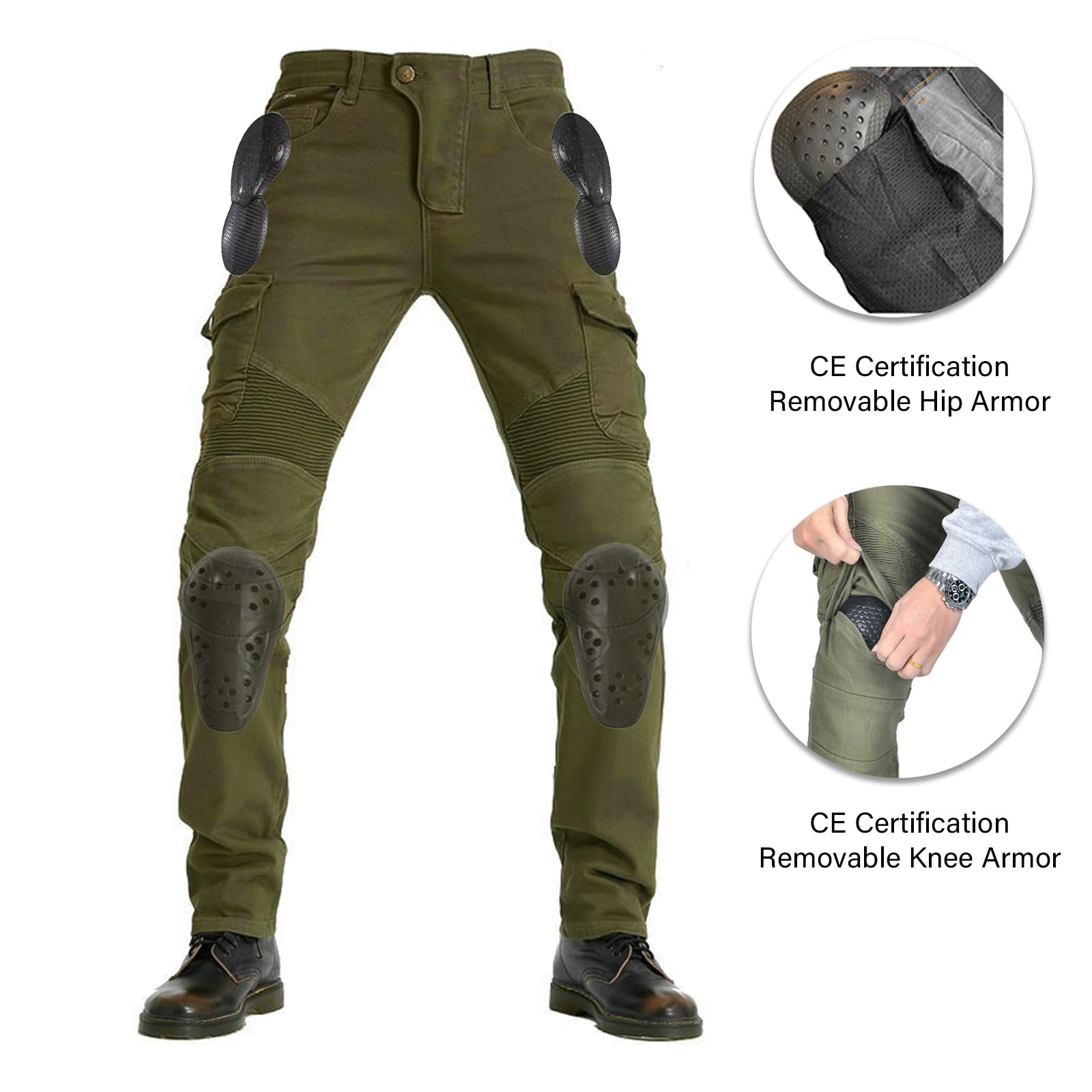 LOMENG Motorcycle Pants Riding Jeans Biker Motorbike Pants with CE Removable Armored for Men Military Green EU28, Green