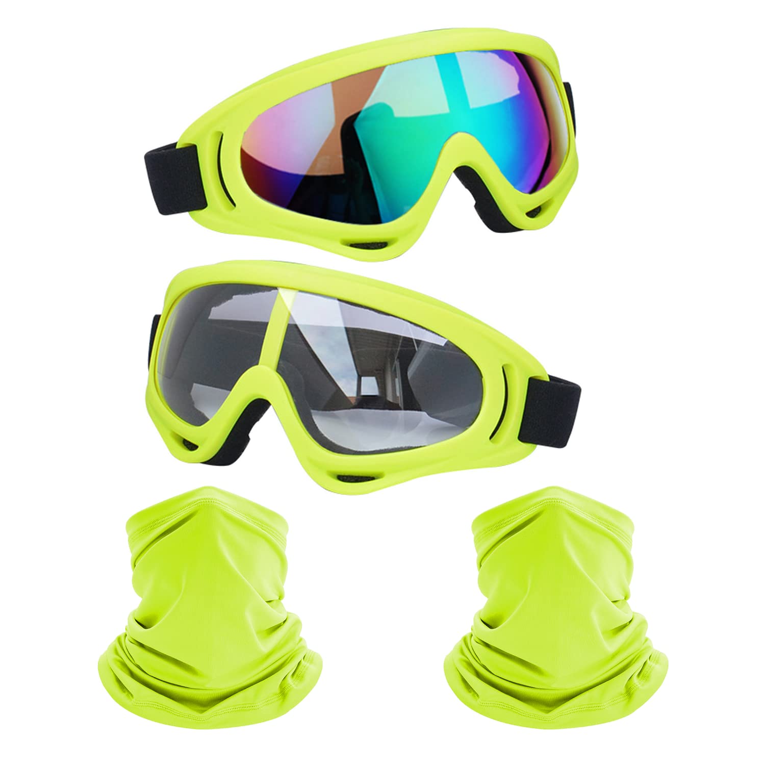 Ljdj Motorcycle Goggles,2 Pack Dirt Bike Atv Motocross Riding Hiking Protective With 2 Pack Neck Breathable Bandana Mask (Yellow