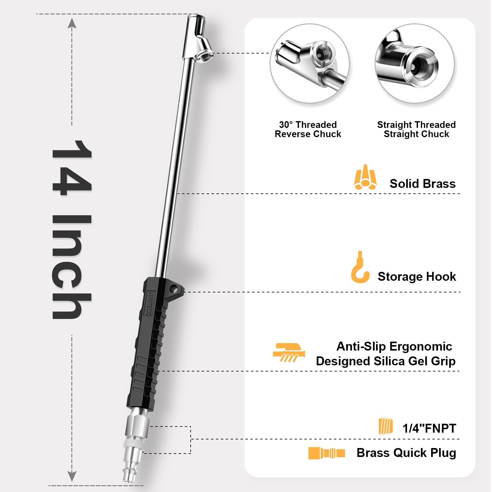 14'' Extended Reach Dual Head Air Chuck, 2-Way Connection 1/4'' FNPT Straight Lock On Tire Inflate Chuck, Tire Chuck with Standa