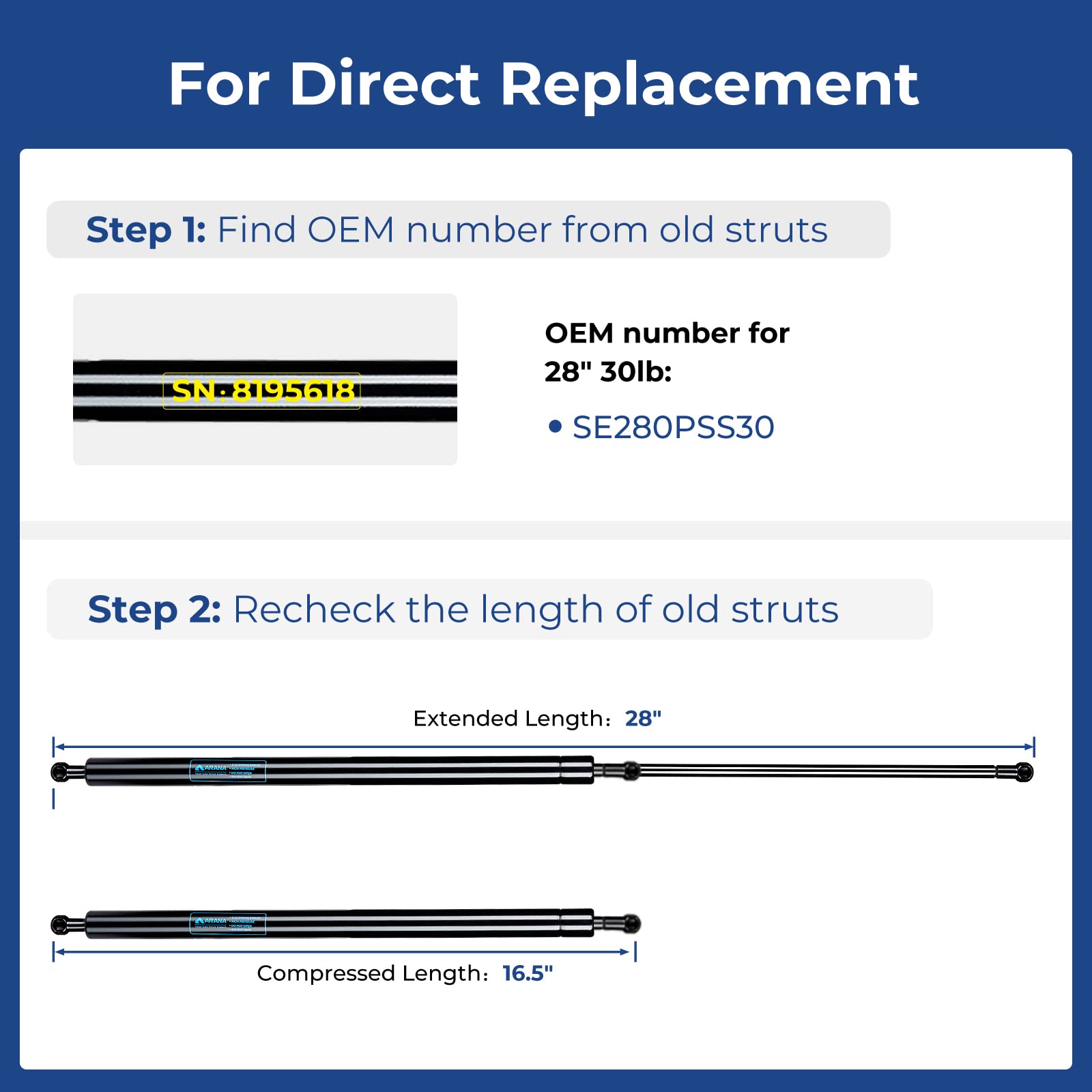 Arana Se280Pss30 28 Inch 30Lb Gas Spring Struts, 28   133N Shocks Lift Support For Truck Tonneau Cover Boat Motor Hatch Travel T