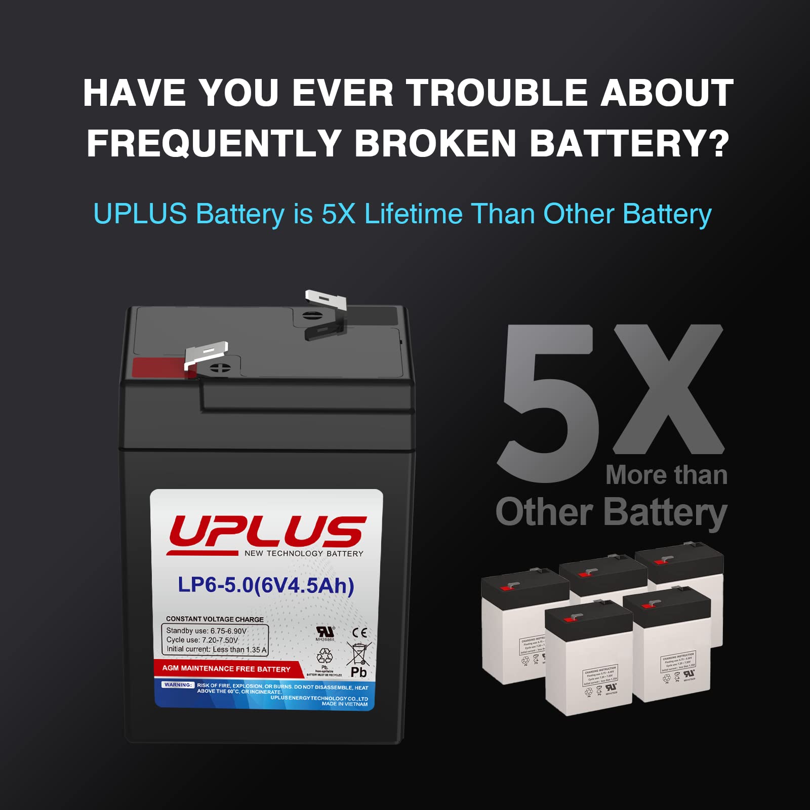 Uplus 6V 4.5Ah Rechargeable Agm Battery, Lp6-5.0 Sla Replacement Batteries For Auto Deer Feeder, Kids Power Wheels, Game Hunting