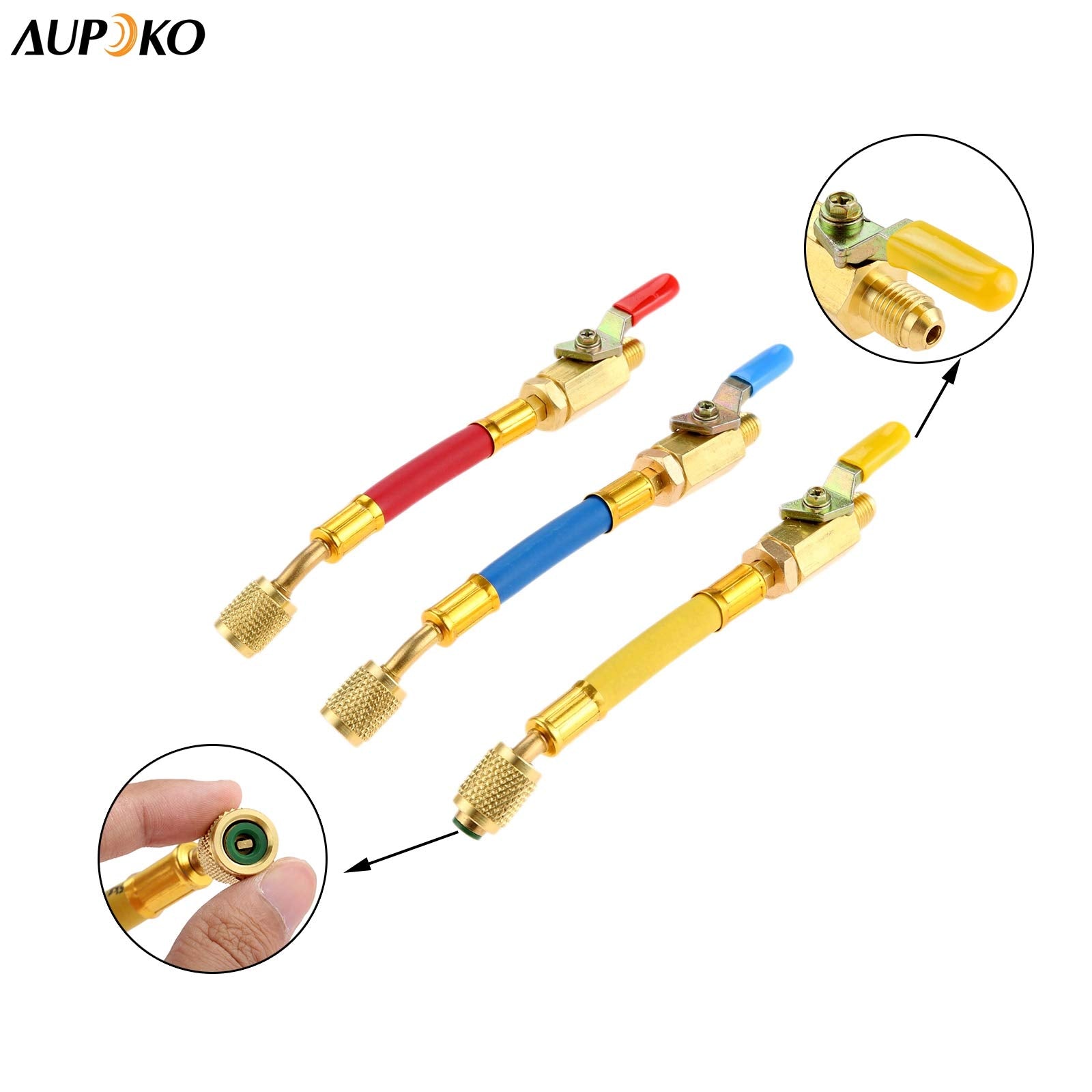 R134A R410A R22 R12 Charging Hoses And Ball Valve Set, 3 Pcs Color Coded Hoses/W Ball Valve 1/4 Sae Thread (7 Long) For Ac Hvac Maintenance Kit And Air Condition Refrigeration Charging Tools