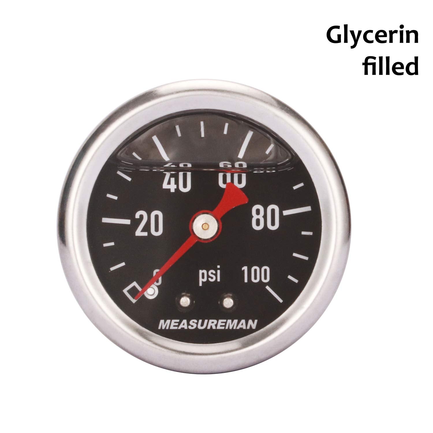 Measureman 1.5'' Black Dial, 304 Stainless Steel Case, Liquid Filled Fuel Pressure Gauge, 0-100Psi, -3-2-3%, 1/8'' Npt Center Ba