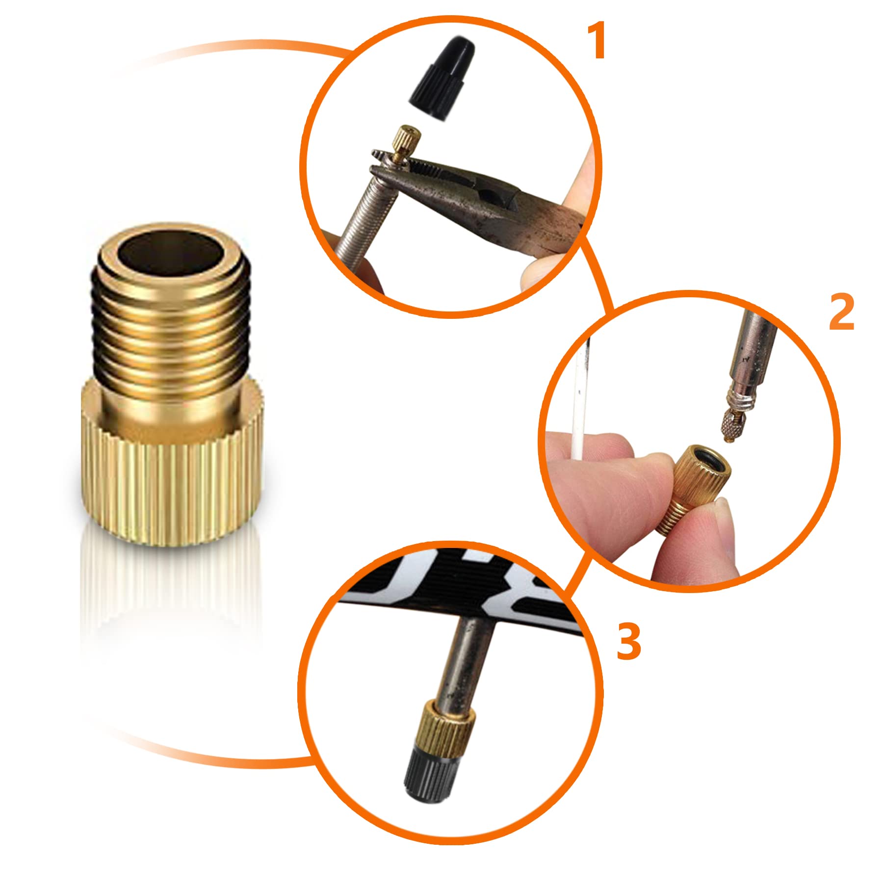 Brass Presta Valve Adaptor (Pack Of 5 + 10 Caps) - Convert Presta To Schrader For All Types Of Bikes, E-Bikes, And E-Scooters -