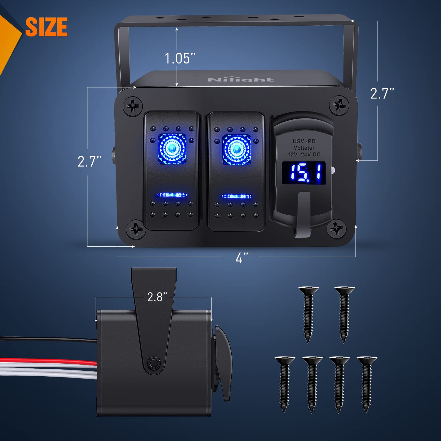 Nilight 2 Gang Rocker Switch Box 12V Spst On Off Pd Type C And Qc 3.0 Usb Charger Voltmeter Waterproof Aluminum Panel Diy Sticke