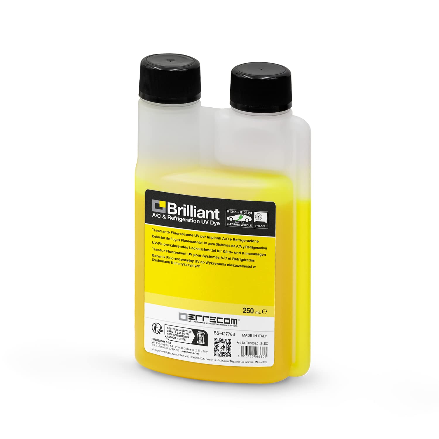 Errecom Brilliant - 8.5 Fl Oz (250 Ml), Fluorescent Uv Dye For Detecting Refrigerant Gas Leaks In Air Conditioning And Refrigera