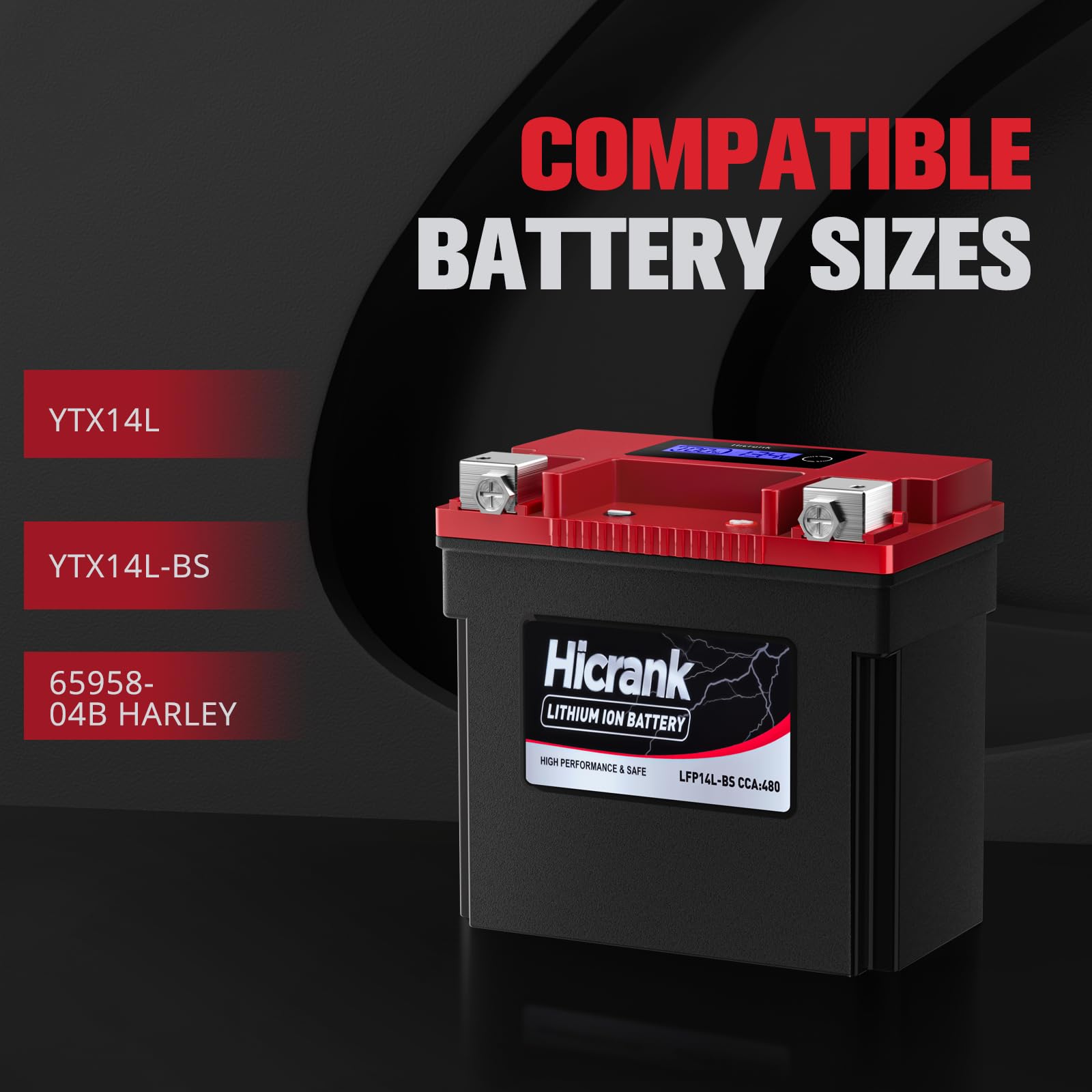Hicrank YTX14L-BS (GYZ16HL) Lithium 12V 8Ah 480CCA LiFePO4 Motorcycle Battery, Powersports Battery for Honda KTM Yamaha Harely,