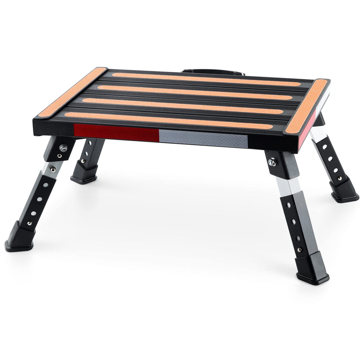 Yagud Rv Stool, Adjustable Height Folding Step Stool With Non-Slip Surface, Rubber Feet, Handle And Reflective Strips, Aluminum