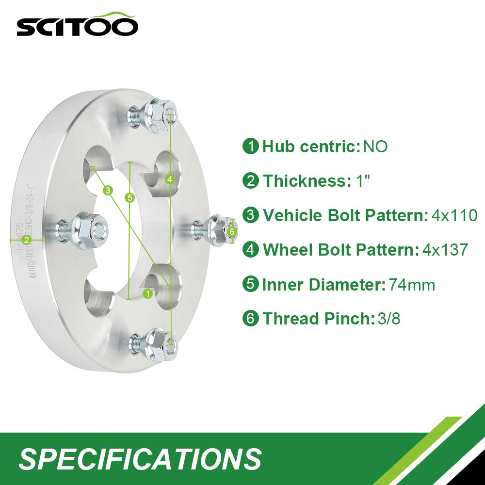 Scitoo 4X100 To 4X137 Wheel Adapters 1 Inch Thick Hub Bore 74Mm With 3/8 Studs 4 Lug Fit For Recon 250 1997-2017 For Rancher 400 2004-2008 - 2Pcs