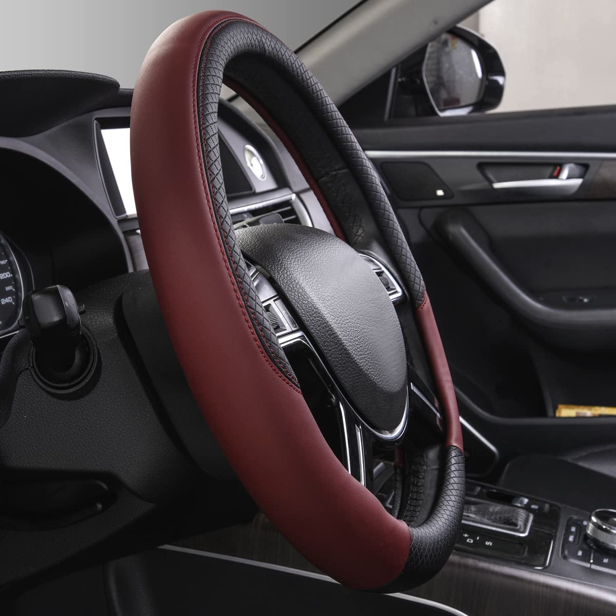 Car Pass Rhombus Leather Universal Steering Wheel Cover, Fit For Suvs,Trucks,Cars,Sedans,Vans (Black&Burgundy)