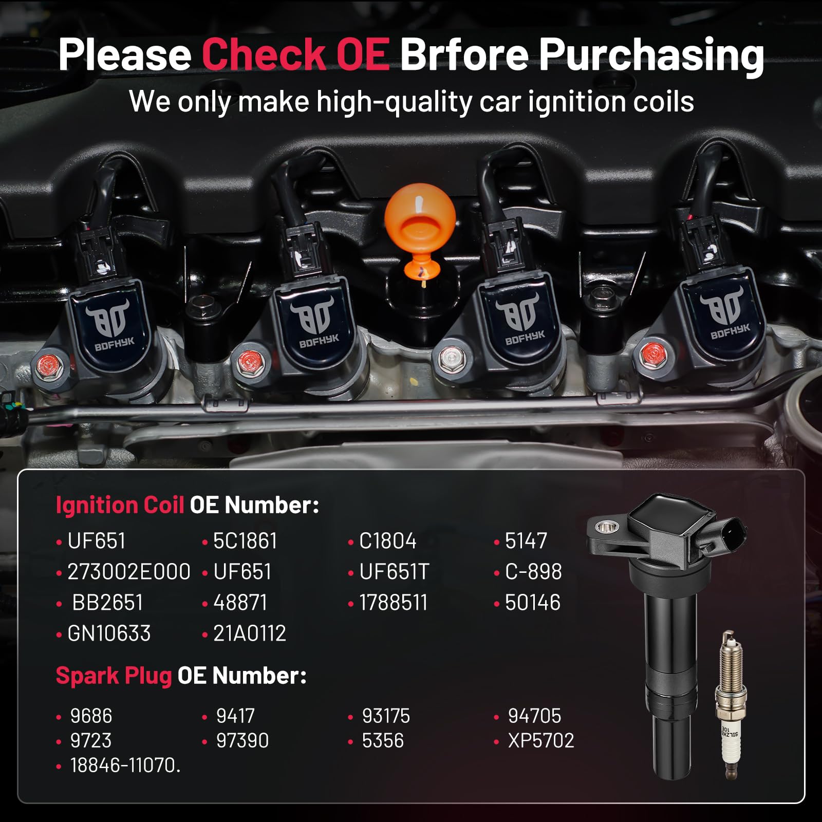 BDFHYK Ignition Coils UF651 and Iridium Spark Plug 9686 Compatible with Hyundai Elantra Coupe GT Tucson Kia Forte Soul l4 1.8L 2