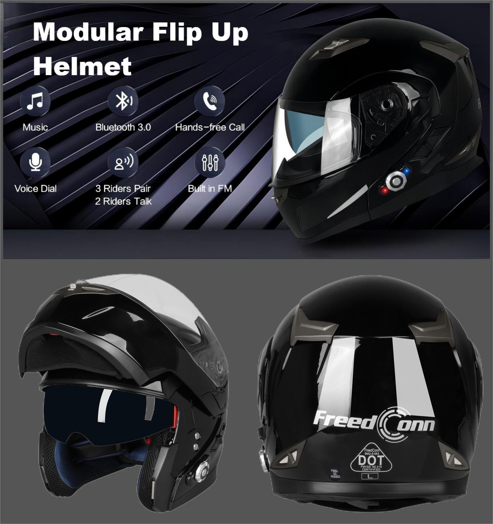 Freedconn Bm2-S Bluetooth Motorcycle Helmet, Flip-Up Modular Motorbike Helmet, 500M Connectivity For 2-3 Riders, Voice Dial, Han