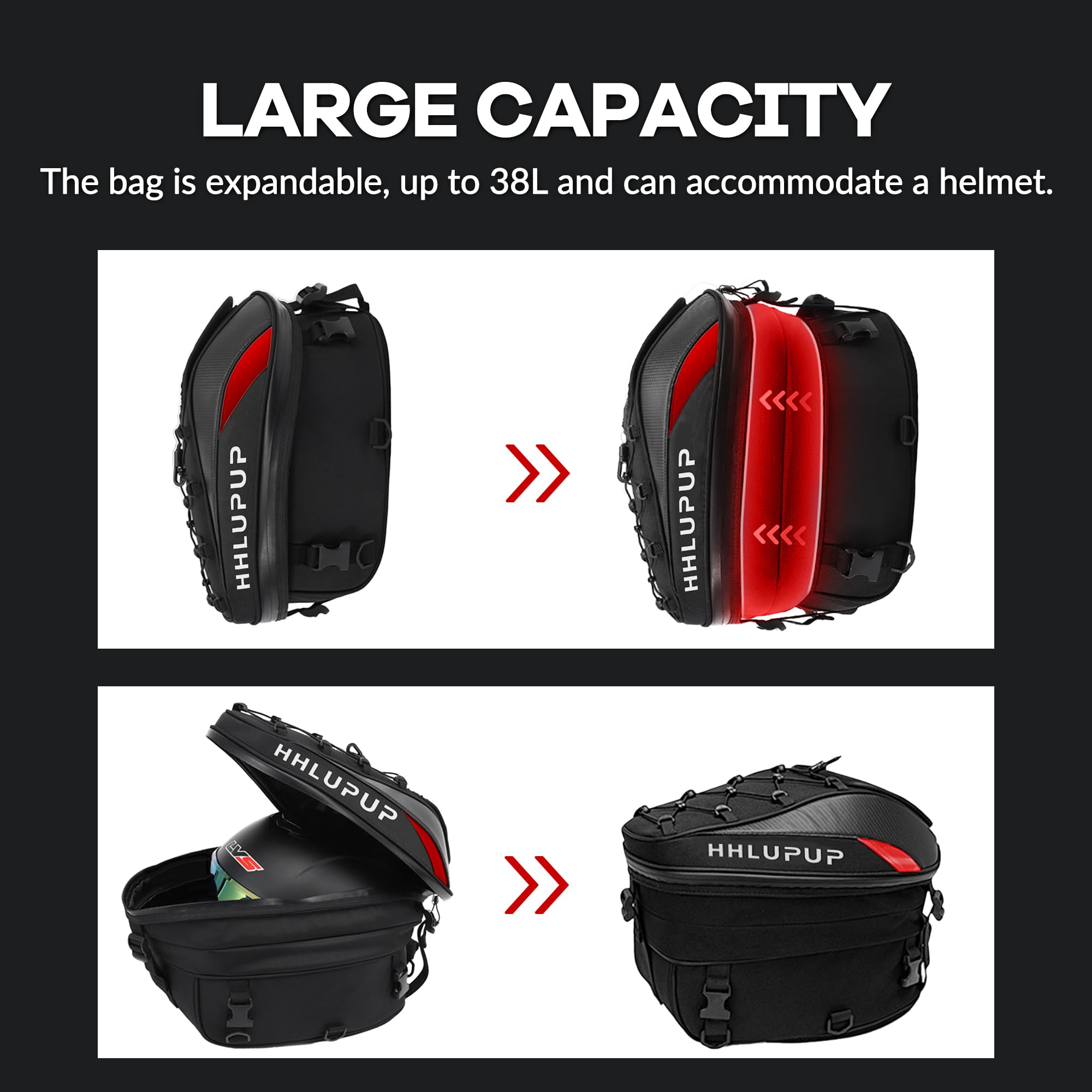 Hhlupup Motorcycle Tail Bag Seat Helmet - 38L Motorcycle Backpack Waterproof Luggage Bags (Red)