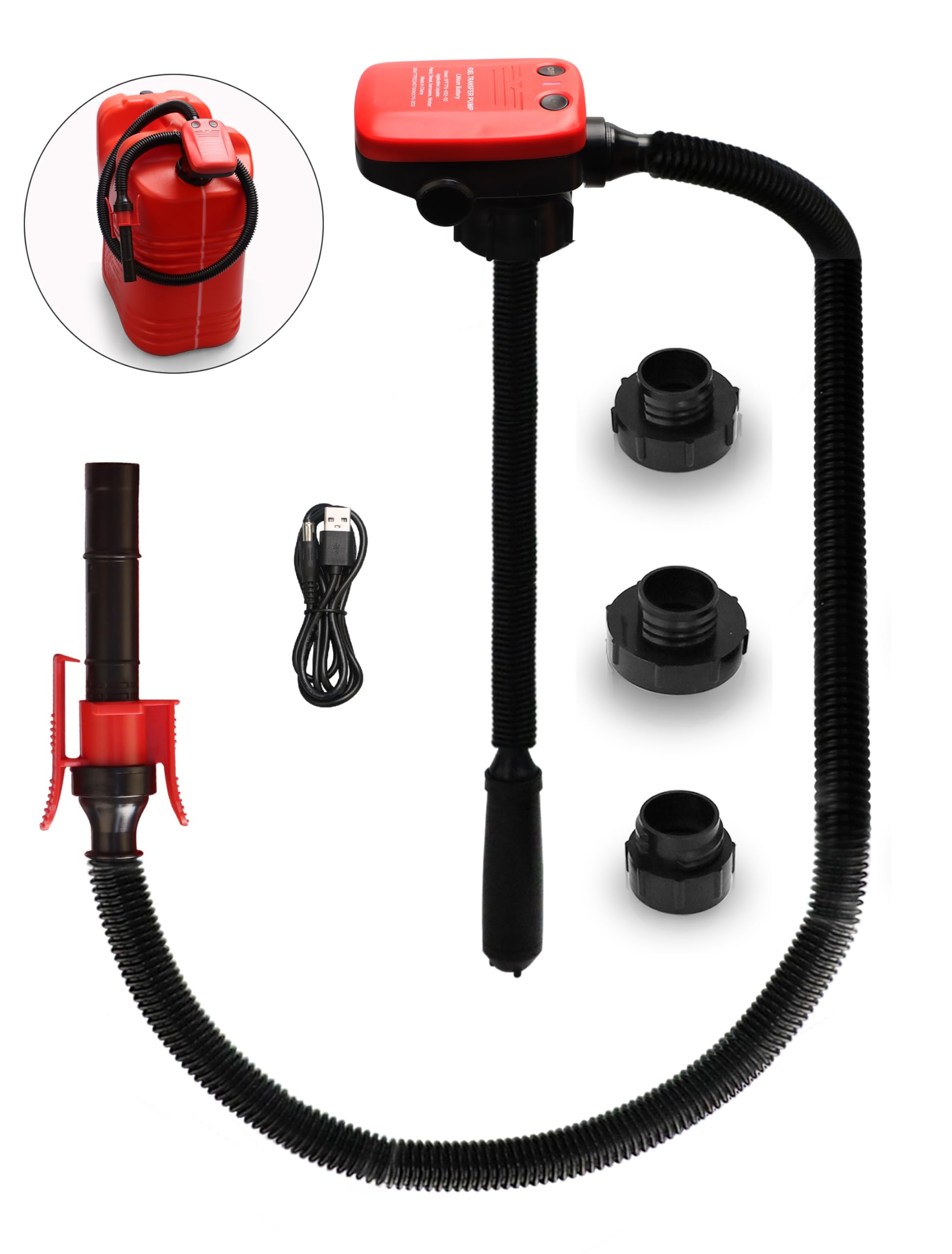 FUELIO Rechargeable Gas Can Pump - Electric Fuel Transfer Pump with Auto Shut Off Nozzle, Fix Clip, Extra Long Hose, 3 Adapters,