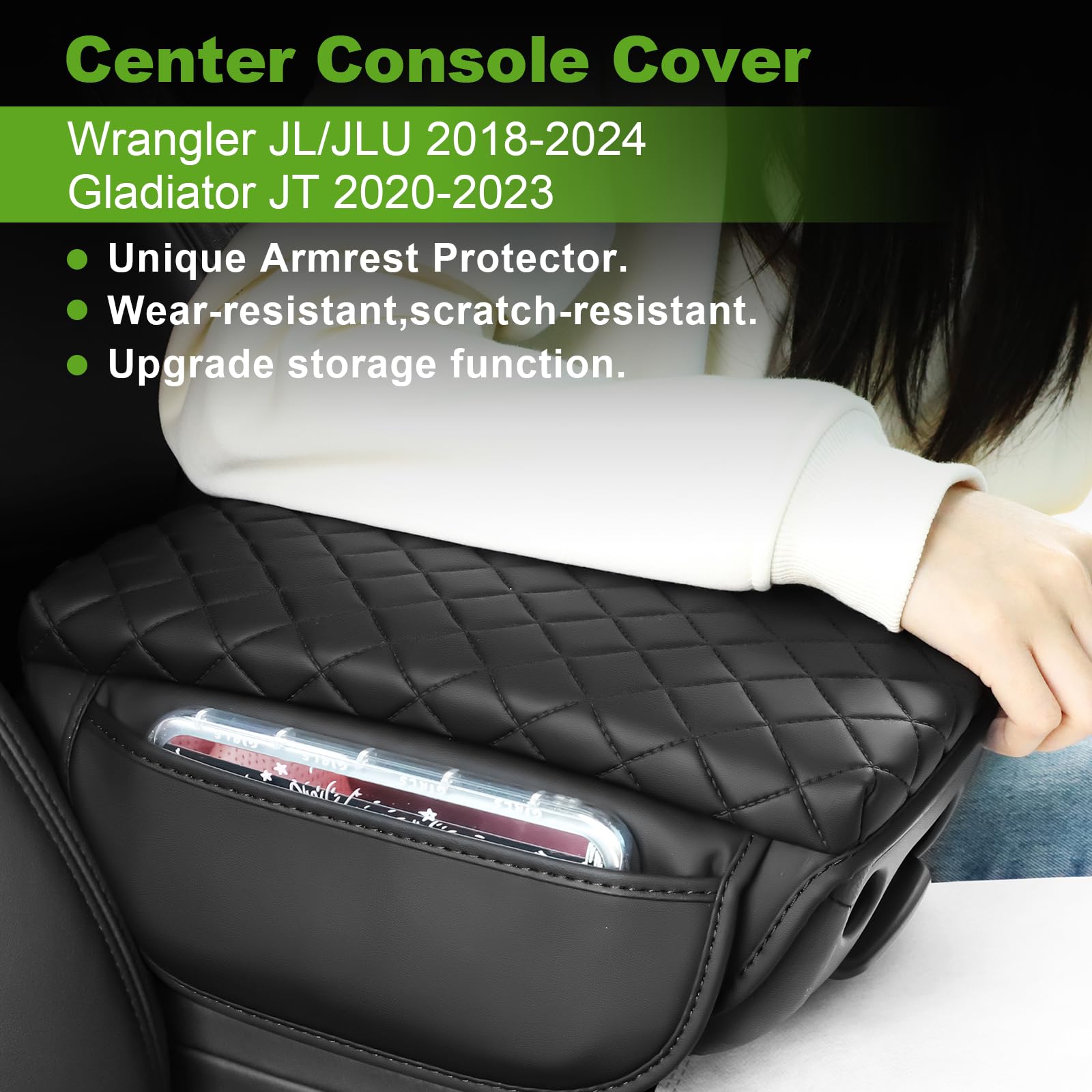 Armrest Cover for Jeep Wrangler Center Console Pad with Organizer Storage Pockets, Black Faux Leather Arm Rest Lid Protector Cus