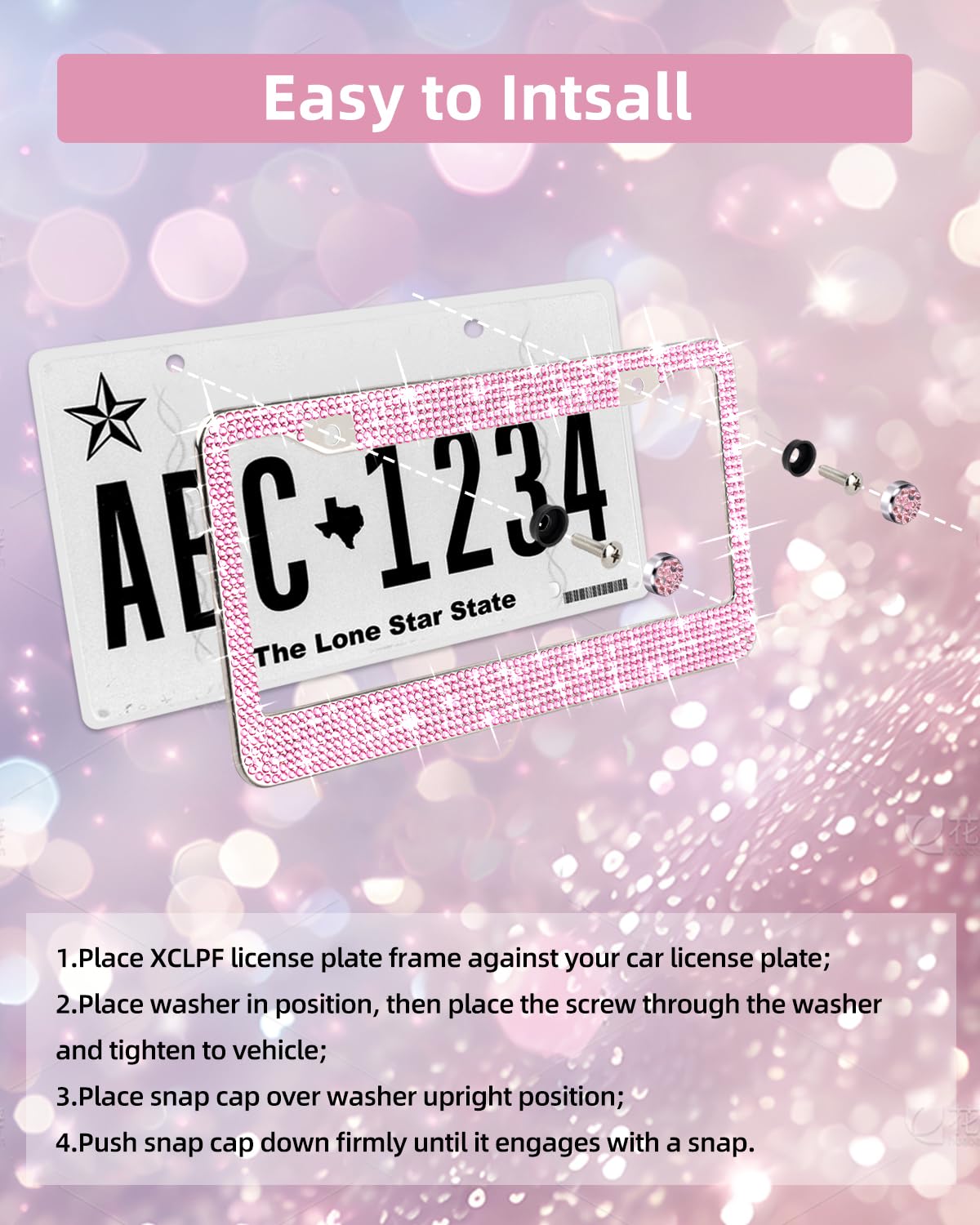 Xclpf Pink Bling License Plate Frames For Women,Handcrafted Clear Glass Diamond Rhinestone Crystals,Sparkly Premium Stainless St