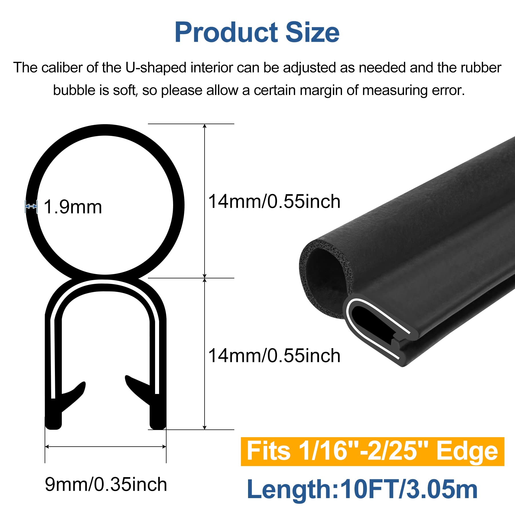 Automotive Door Weather Stripping 10Ft Car Door Rubber Edge Trim Seal Strip Gasket with Top Bulb Easy to Install for Car Bus Cam