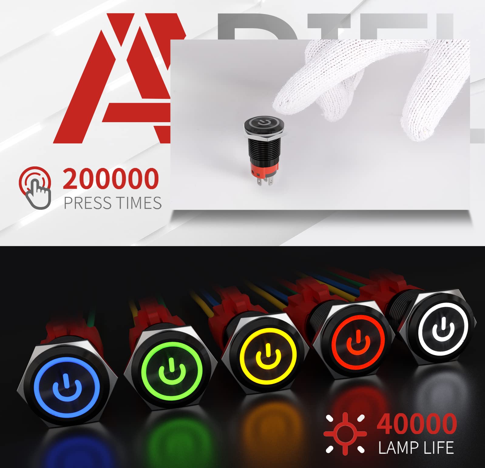 Apiele 16Mm Latching Push Button Switch 0.63'' 12V Power Symbol Ring Led Car Metal With Socket Plug 1No1Nc Spdt On/Off (Red/Blac