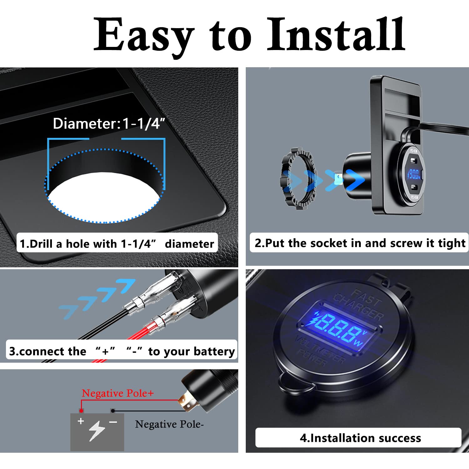 Batige Dual Pd 45W Usb C Charger Socket Fast Charge Dual Pd Usb C Port Waterproof With Switch Led Voltmeter And Wire Fuse Diy Ki