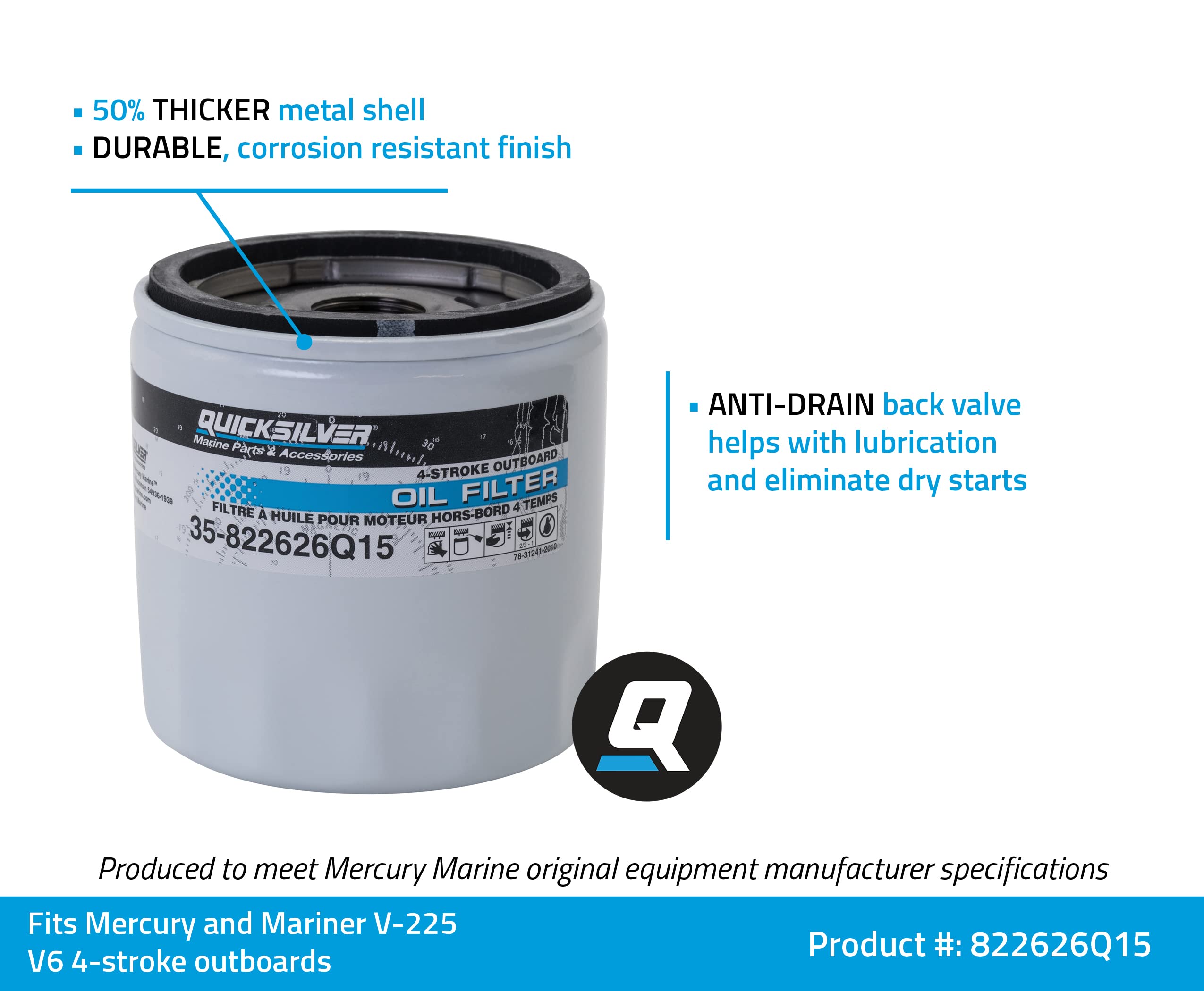 Quicksilver 822626Q15 Oil Filter For Mercury And Mariner V-225 V-6 4-Stroke Outboards