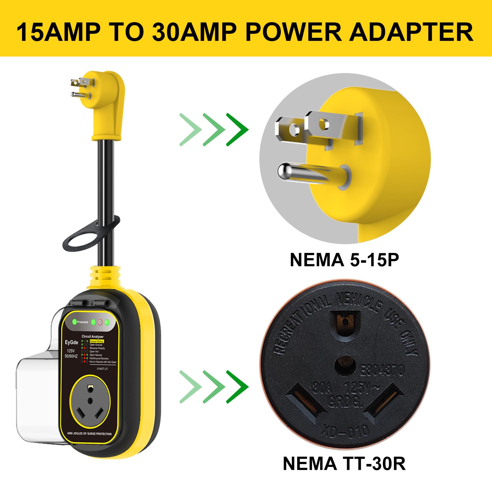 Eygde 30 Amp To 15 Amp 110 Rv Adapter With Surge Protector Waterproof - Patented 4500J 5-15P Male To Tt-30R Plug Rv Circuit Anal